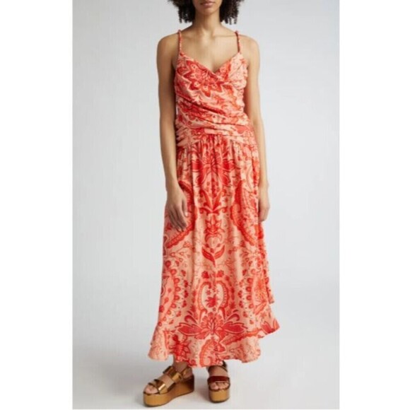Farm Rio Maxi Dress Red Jaipur Crossover Linen Viscose Blend Cruise - Picture 1 of 8